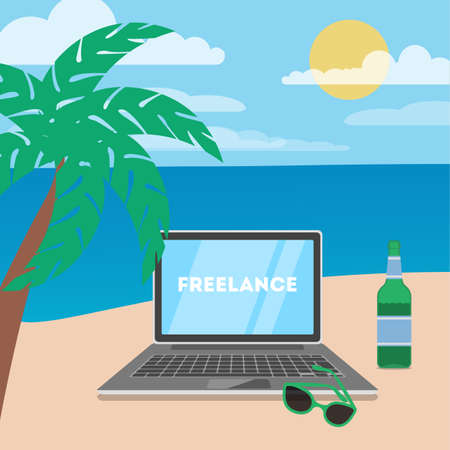 Freelance concept. Working remotely on the laptop computer through the internet. Working while travelling. Summer vacation on the ocean beach. Vector flat illustrationのイラスト素材