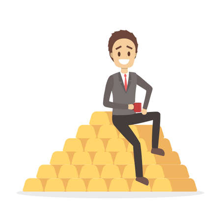 Happy businessman sitting on the pile of gold bullion. Successful rich guy holding a cup of coffee. Idea of wealth. Isolated vector illustrationのイラスト素材