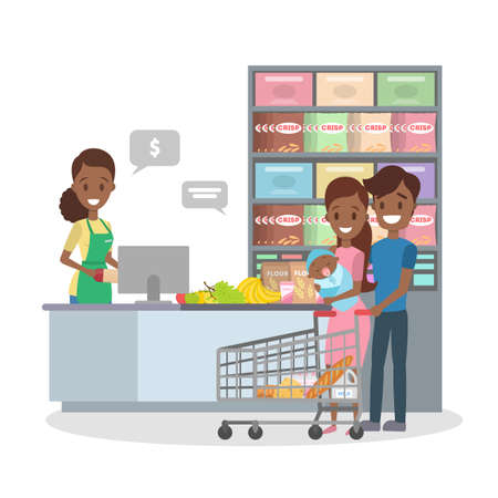 African american people in the grocery store stand at the cashier and pay for the food using credit card. Smiling salesman at the counter. Isolated flat vector illustrationのイラスト素材