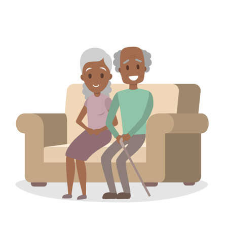 Old african american couple sitting on the couch. Happy grandfather and grandmother at home. Isolated vector illustrationのイラスト素材