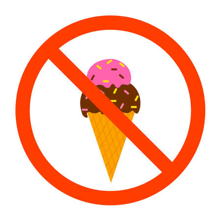 No ice cream sign. Red forbidden sign with dessert behind it. Food not allowed emblem. Isolated flat vector illustrationのイラスト素材