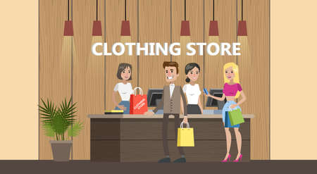 Happy people standing at the counter in the clothing store and bying clothes. Beautiful cashier in fashion boutique. Vector flat illustrationのイラスト素材