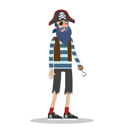 Young man standing in a halloween pirate costume. Smiling guy with eye patch and blue beard. Isolated vector flat illustrationのイラスト素材