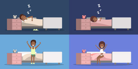 Set of woman and man sleeping and waking upのイラスト素材