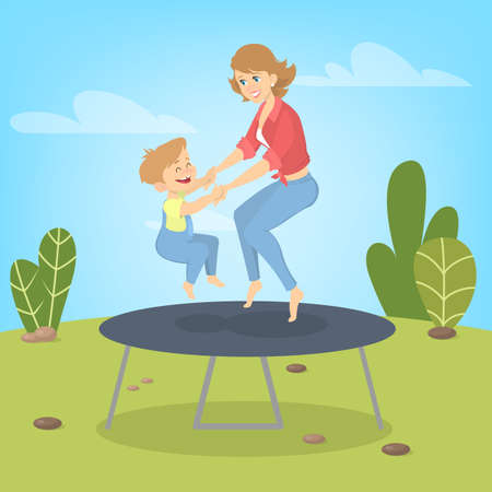 Mother and son jumping on trampoline. Summer activity. Happy family have fun. Vector illustration in cartoon styleのイラスト素材