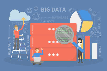 Big data concept. Modern computer technology. Analyzing digital information from the internet and making better business decisions. Isolated flat vector illustrationのイラスト素材