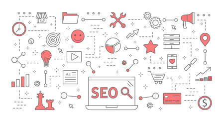 Search engine optimization concept. Marketing strategy and website development. Optimized content on the page. Set of line SEO icons. Isolated vector illustrationのイラスト素材
