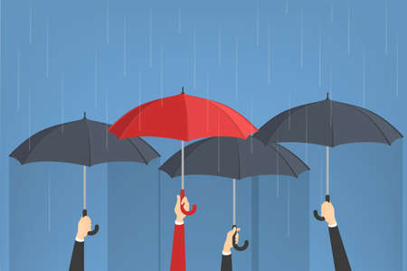 Hand holding umbrellas. One man with red umbrella around group of grey ones. Idea of individuality. Isolated vector illustration in cartoon styleのイラスト素材