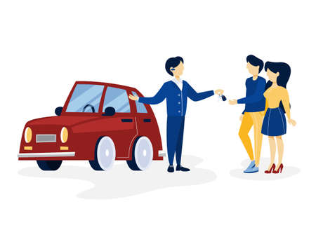 Young happy couple buying new red car. Salesman giving keys to the buyer. Isolated flat vector illustrationのイラスト素材