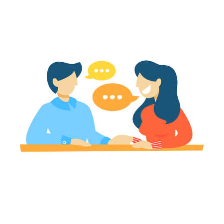 People talking to each other. Dialog betwen man and woman with speech bubbles. Communication and business conversation. Isolated flat vector illustrationのイラスト素材