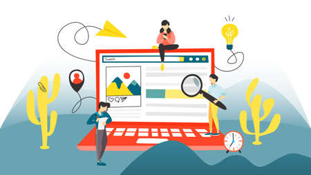 Search concept. Searching information in the internet using website. Idea of digital technology and seo. Isolated flat vector illustrationのイラスト素材