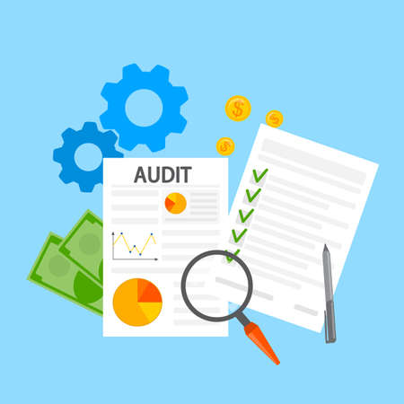 Audit concept. Business or financial document analysis and examination with magnifying glass. Isolated flat vector illustrationのイラスト素材