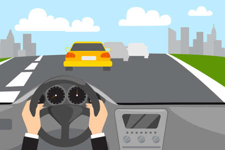 Hands drive a car on the street. City urban landscape on the background. Flat vector illustrationのイラスト素材