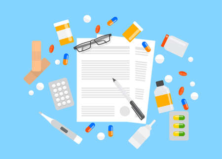 Health insurance form. Pills lying around the paper document.のイラスト素材