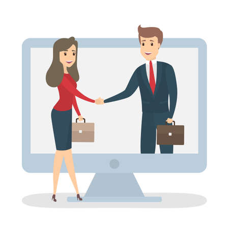 Online partner concept. Business people shaking hands. Idea of remote or distant teamwork and partnership.のイラスト素材