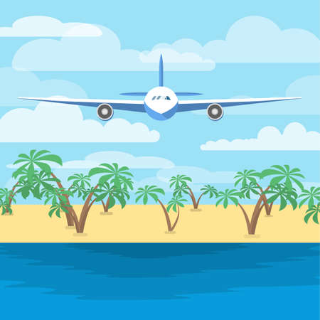 Aircraft flying above the sea. Airplane in the sky and beach with palms on the background. Flight above the ocean. Flat vector illustrationのイラスト素材