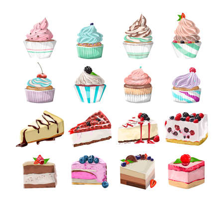 Set of tasty delicious dessert. Cake pieces and cupcakes. Sweet junk food. Isolated vector illustrationのイラスト素材