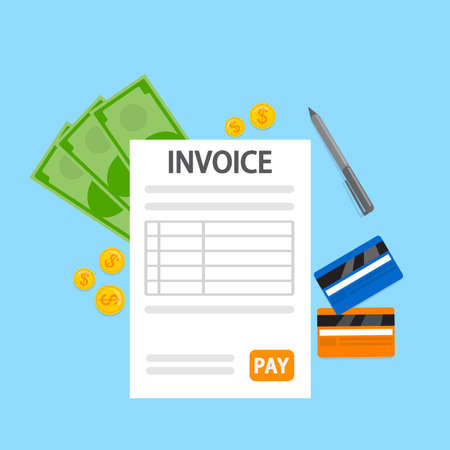 Invoice concept. Signing financial document containing bill. Payment terms. Flat vector illustrationのイラスト素材