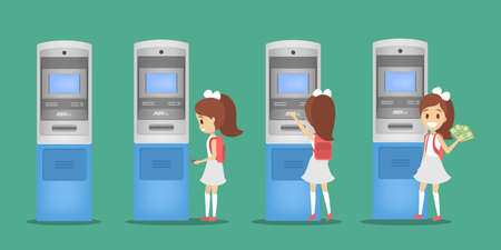 Girl using ATM machine. Child insert credit card, dialing pin code and withdraw pile of money. Happy bank customer. Flat vector illustrationのイラスト素材