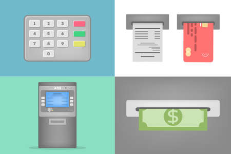 Set of ATM operations. Dialing pin code, insert credit card and cash withdrawal. Automatic financial operations. Flat vector illustrationのイラスト素材