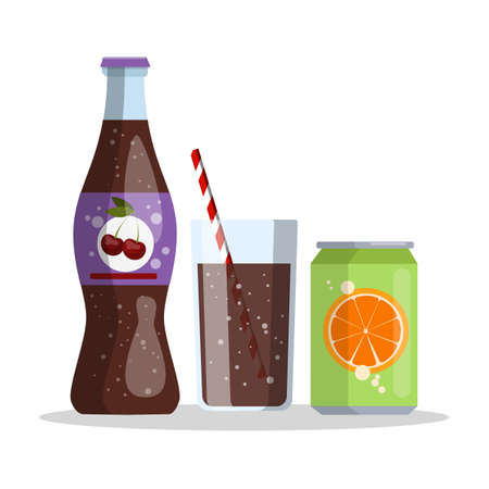 Bottle with cherry cola and aluminum can of orange juice. Isolated vector flat illustrationのイラスト素材