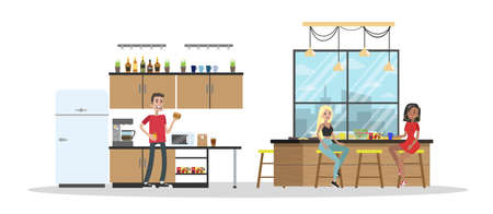 Design studio. People sitting in the kitchen and chatting. Break at work. Isolated vector flat illustrationのイラスト素材