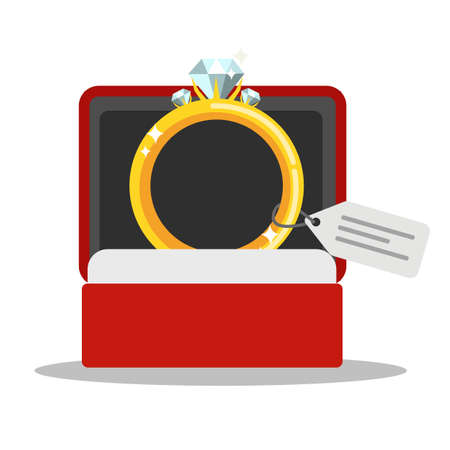 Wedding golden ring with diamond in a red box. Expensive jewelry. Isolated vector flat illustrationのイラスト素材