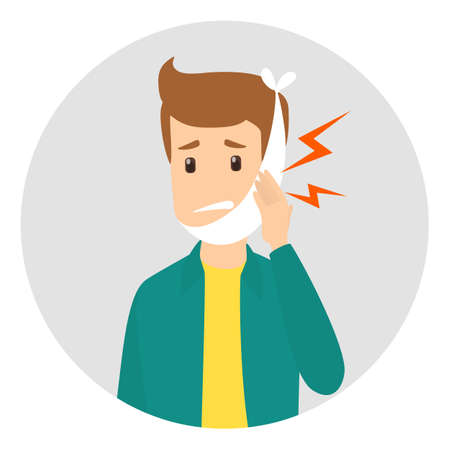 Sad man suffering from a strong toothache. Patient touching his cheeck and feel the pain. Isolated vector illustration in cartoon styleのイラスト素材
