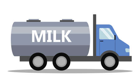 Side view of truck full of milk. Dairy transportation and delivery. Isolated vector flat illustrationのイラスト素材
