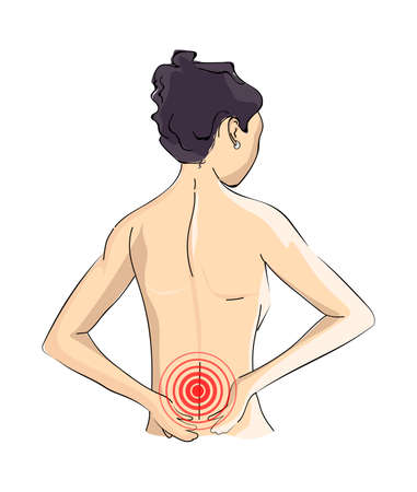 Woman suffering from a strong pain in the back. Health problem concept. Isolated vector illustrationのイラスト素材