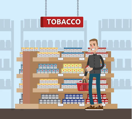 Duty free interior in the airport building. Man buying cheap tobacco or cigarette. Tax free. Vector flat illustrationのイラスト素材