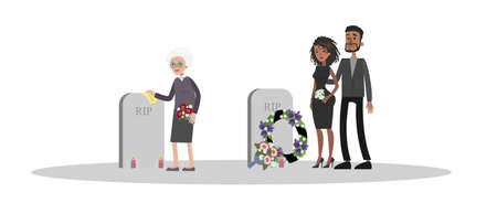 Funeral ceremony on the cemetery. Sad people in black clothes standing with flowers at the tombstone or grave. Isolated vector flat illustrationのイラスト素材