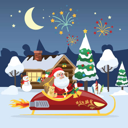 Happy Santa Claus riding in sledge across the winter forest with bag full of gifts. New Year and Christmas greeting. Wooden house and firework on the background. Vector flat illustrationのイラスト素材