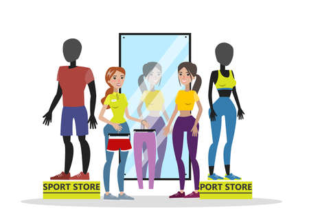 Sports store interior with clients. Clothes for men and women. Mannequin with clohes on them. Girl choosing pants. Vector flat illustrationのイラスト素材