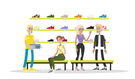 Sport shoes store interior. Young people choose and try on shoes and boots. Isolated vector flat illustrationのイラスト素材