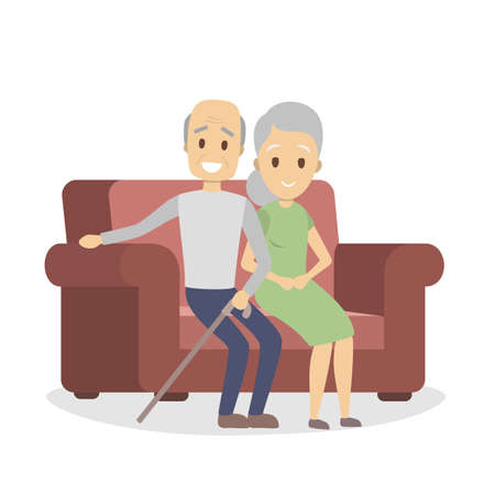 Old couple sitting on the couch. Happy grandfather and grandmother at home. Isolated vector illustrationのイラスト素材