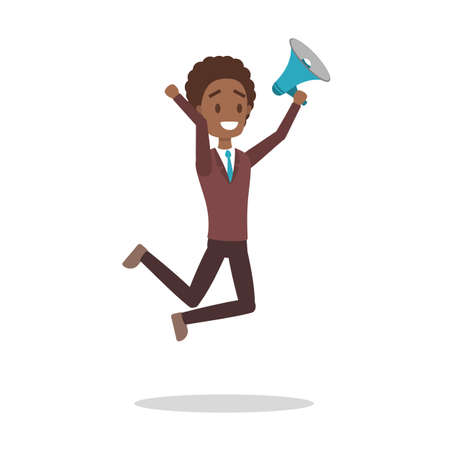 Male african american jumping promoter in business clothes standing with megaphone. Shouting through the loudspeaker. Isolated vector illustration in cartoon styleのイラスト素材