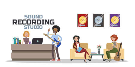 Sound recording studio. People sitting in waiting room with musical instruments. Man standing with the guitar. Isolated vector flat illustrationのイラスト素材