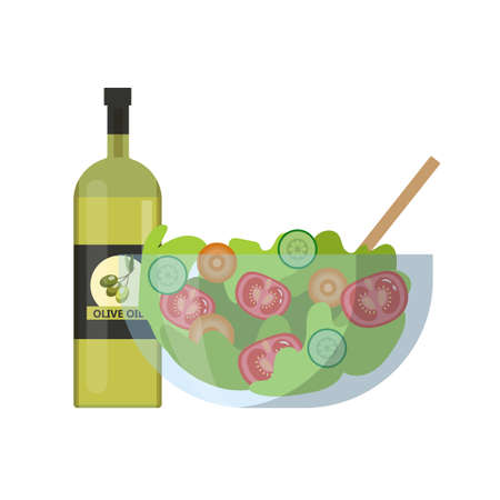 Fresh vegetable salad with tomato, carrot and olive oil. Healthy vegetarian food. Isolated vector flat illustrationのイラスト素材