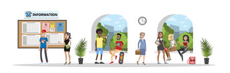 High school, college or university hall interior. Students having fun chatting together. Vector flat illustrationのイラスト素材
