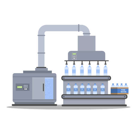 Automated water bottling process. Packaging purified water. Isolated vector flat illustrationのイラスト素材