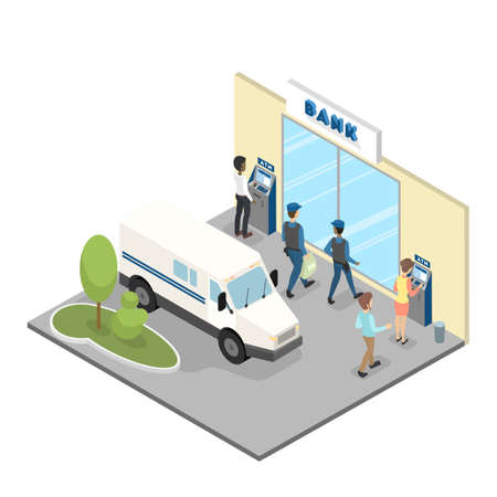 Bank building office entrance with collectors and ATM. People make payment and withdraw money using cash machine. Isolated isometric vector illustrationのイラスト素材