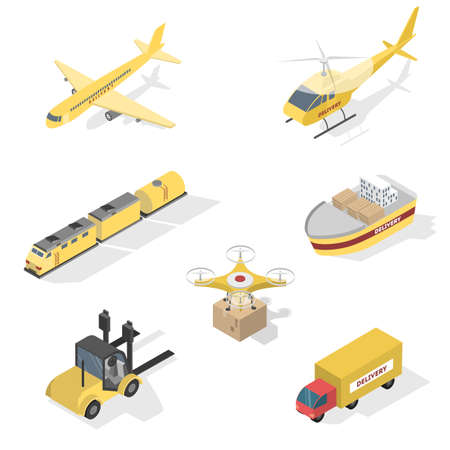 Different types of delivery services. Ship and truck, aircraft and railway. Logistic worldwide network. Isolated isometric vector illustrationのイラスト素材