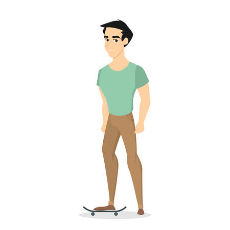 Handsome young man standing with a skateboard. Guy trying skateboarding. Active lifestyle. Isolated vector illustration in cartoon styleのイラスト素材