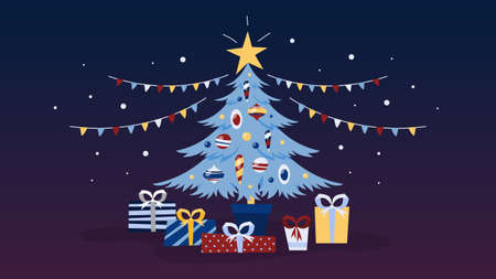 Decorated christmas tree with gifts under it. Winter holiday and new year celebration. Flat vector illustrationのイラスト素材