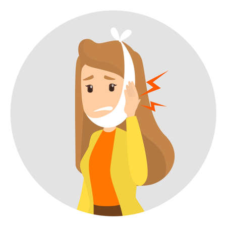 Sad woman suffering from a strong toothache. Patient touching cheeck and feel the pain. Isolated vector illustration in cartoon styleのイラスト素材