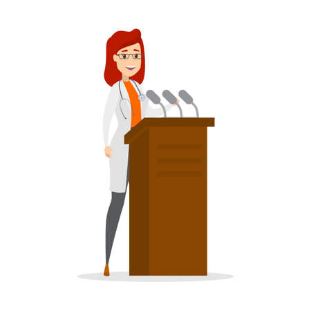 Female doctor giving a speech through the micrphone from the tribune. Medical conference. Isolated flat vector illustrationのイラスト素材
