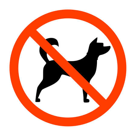 No dogs sign. Red forbidden sign with dog silhouette behind it. Animals not allowed emblem. Isolated flat vector illustrationのイラスト素材