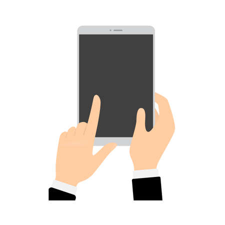 Hand holding black smartphone and touching the screen. Isolated flat vector illustrationのイラスト素材