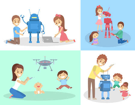 Set of little kids and their parents constructing robot toys. Happy children play and study electronics.のイラスト素材